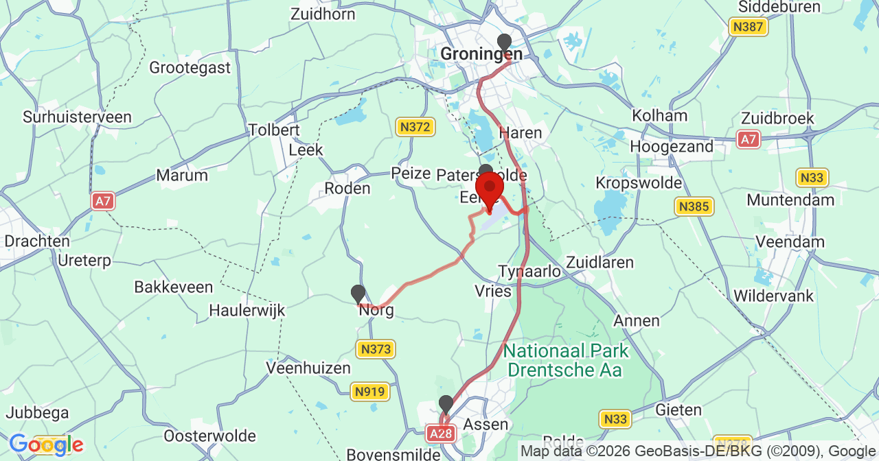 Kaart van het incident in Eelde met de aanrijroutes van de gealarmeerde eenheden
