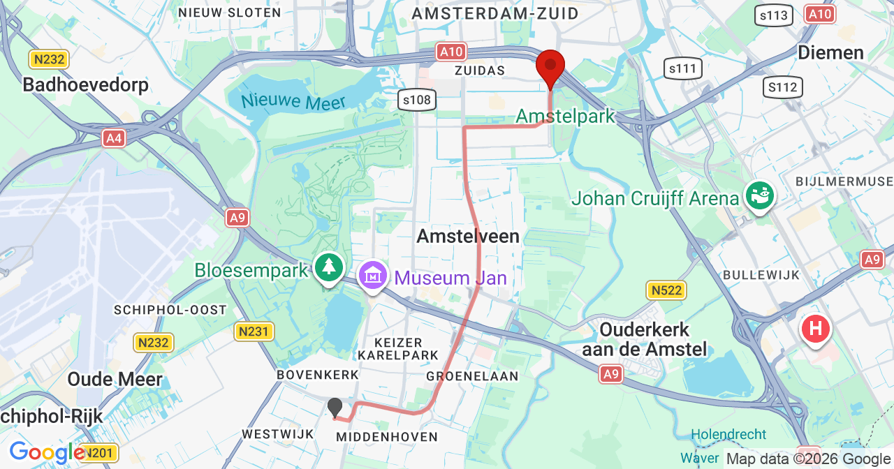 Kaart van het incident in Amsterdam met de aanrijroutes van de gealarmeerde eenheden