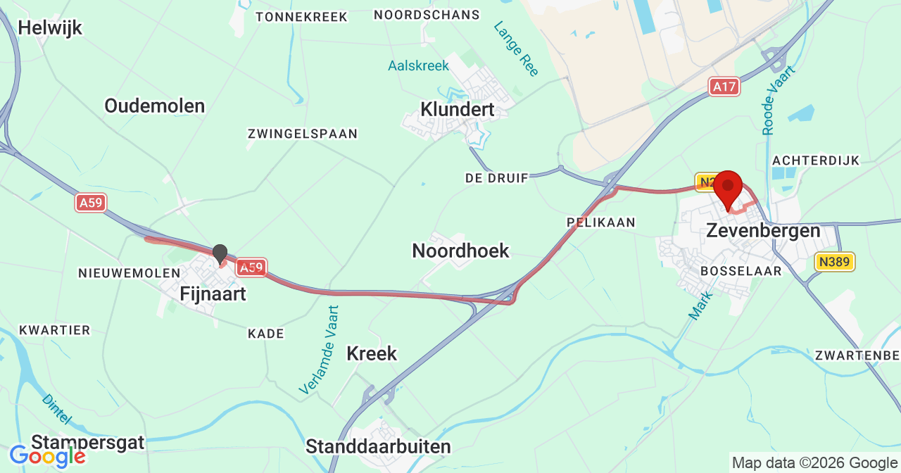 Kaart van het incident in Zevenbergen met de aanrijroutes van de gealarmeerde eenheden