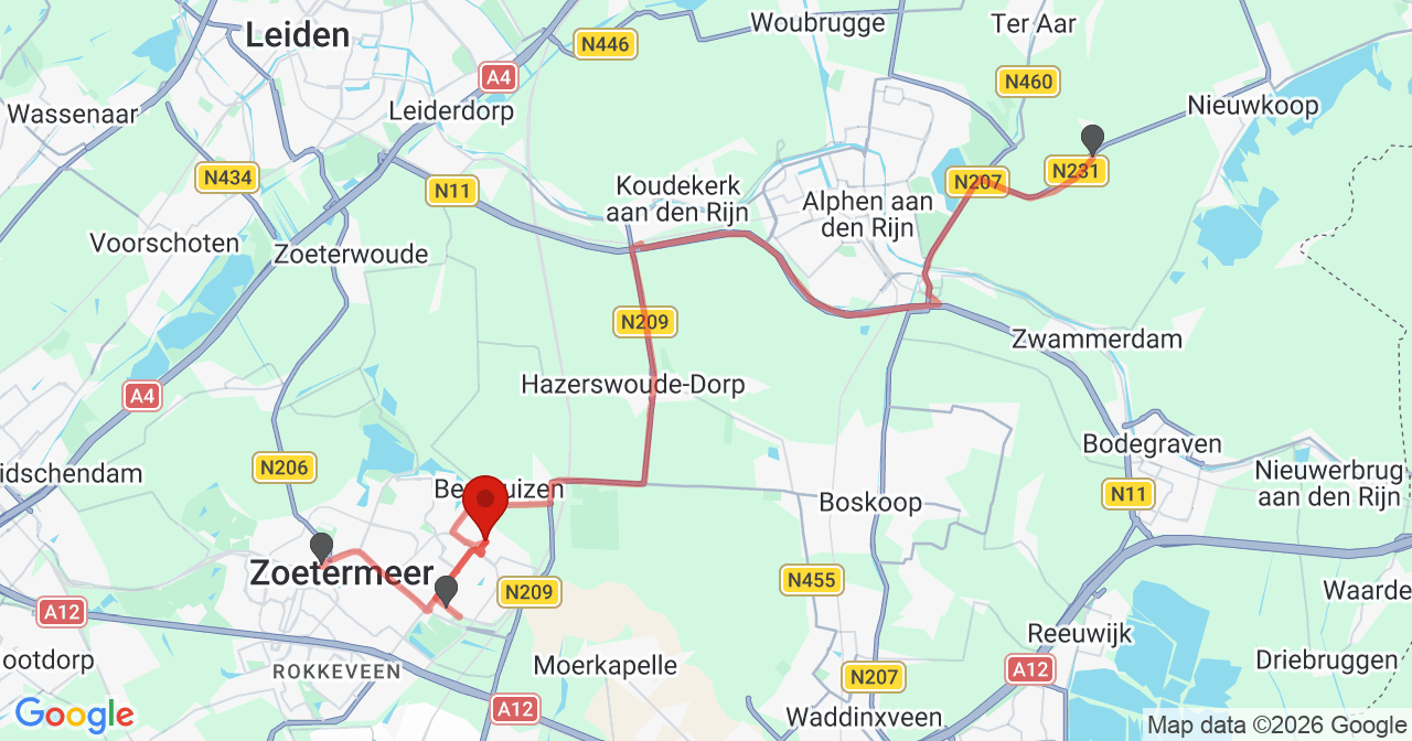 Kaart van het incident in Zoetermeer met de aanrijroutes van de gealarmeerde eenheden