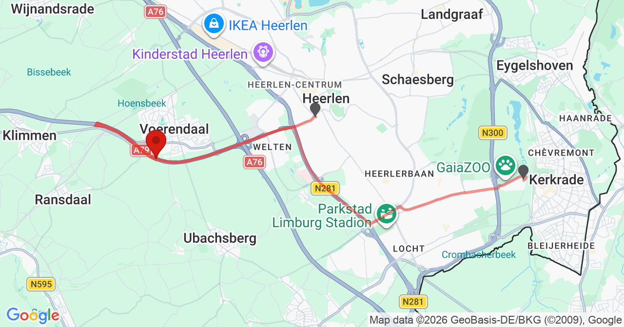 Kaart van het incident in Voerendaal met de aanrijroutes van de gealarmeerde eenheden