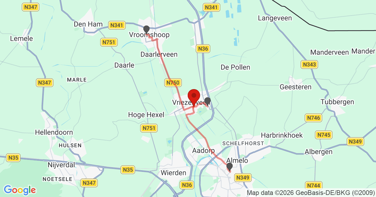 Kaart van het incident in Vriezenveen met de aanrijroutes van de gealarmeerde eenheden
