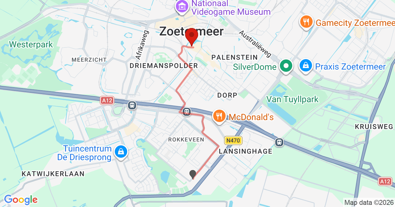 Kaart van het incident in Zoetermeer met de aanrijroutes van de gealarmeerde eenheden