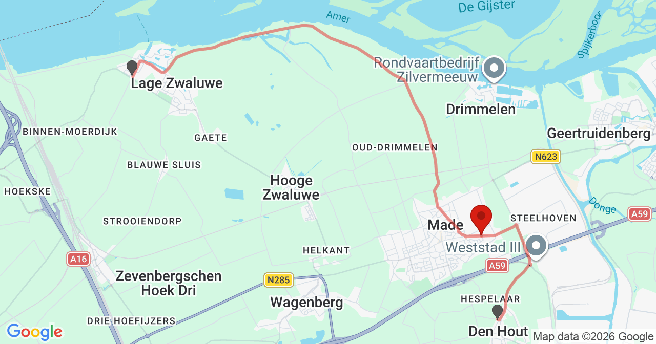 Kaart van het incident in Made met de aanrijroutes van de gealarmeerde eenheden