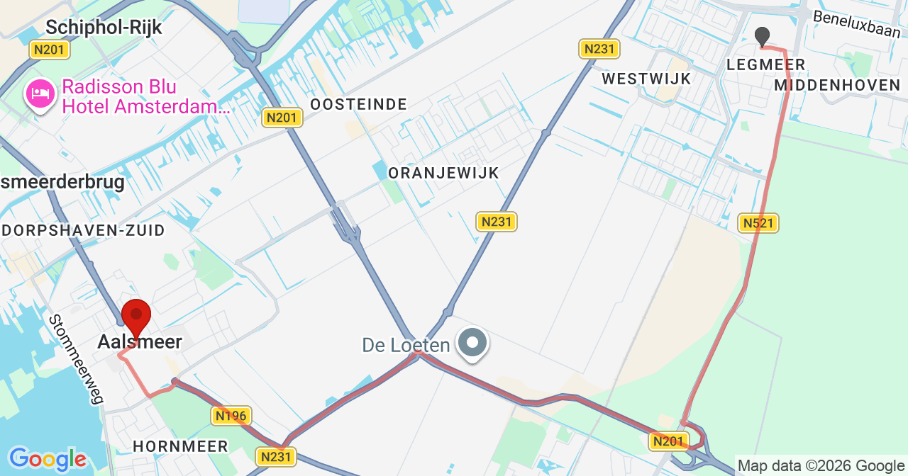 Kaart van het incident in Aalsmeer met de aanrijroutes van de gealarmeerde eenheden