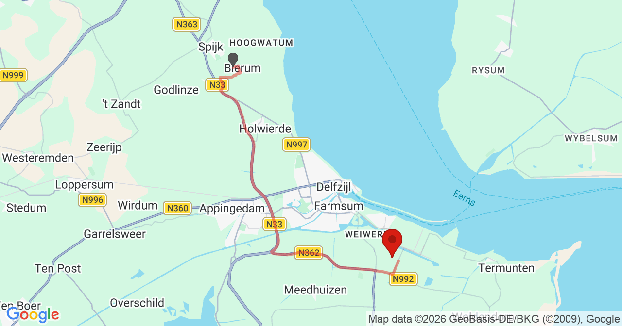 Kaart van het incident in Farmsum met de aanrijroutes van de gealarmeerde eenheden