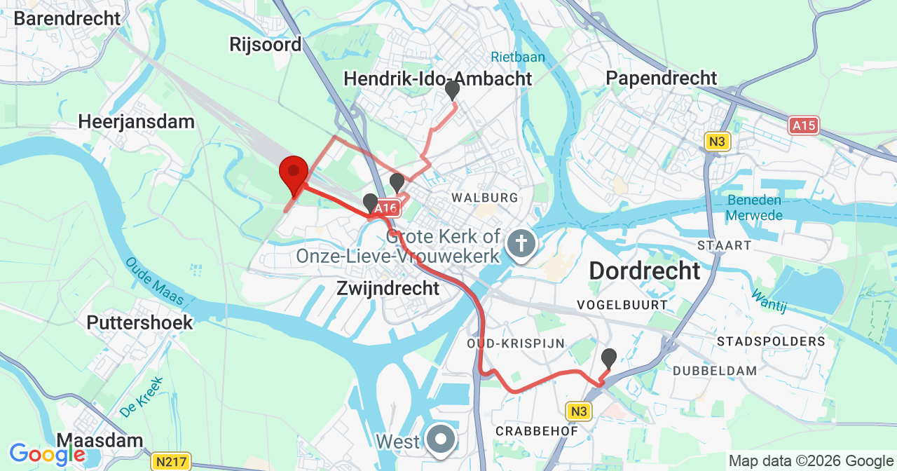 Kaart van het incident in Zwijndrecht met de aanrijroutes van de gealarmeerde eenheden