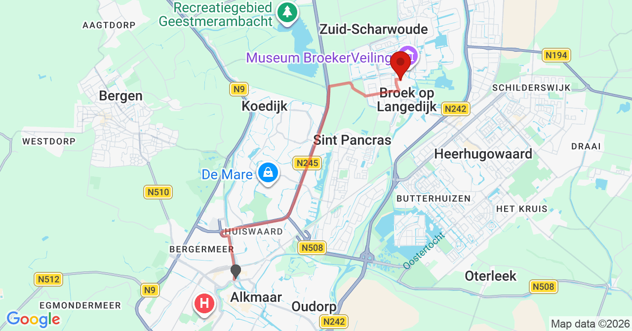 Kaart van het incident in Broek op Langedijk met de aanrijroutes van de gealarmeerde eenheden