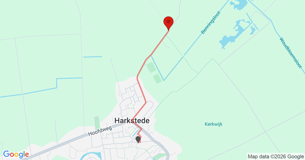 Kaart van het incident in Harkstede met de aanrijroutes van de gealarmeerde eenheden