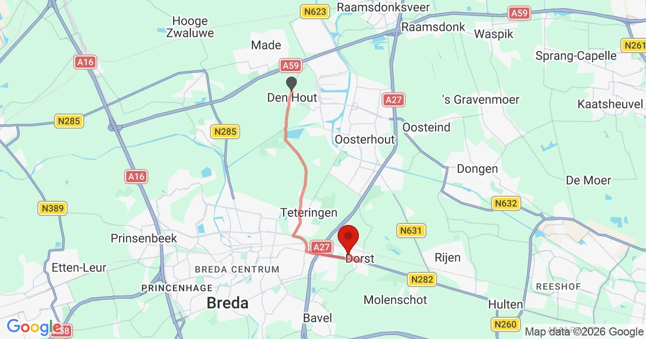 Kaart van het incident in Dorst met de aanrijroutes van de gealarmeerde eenheden