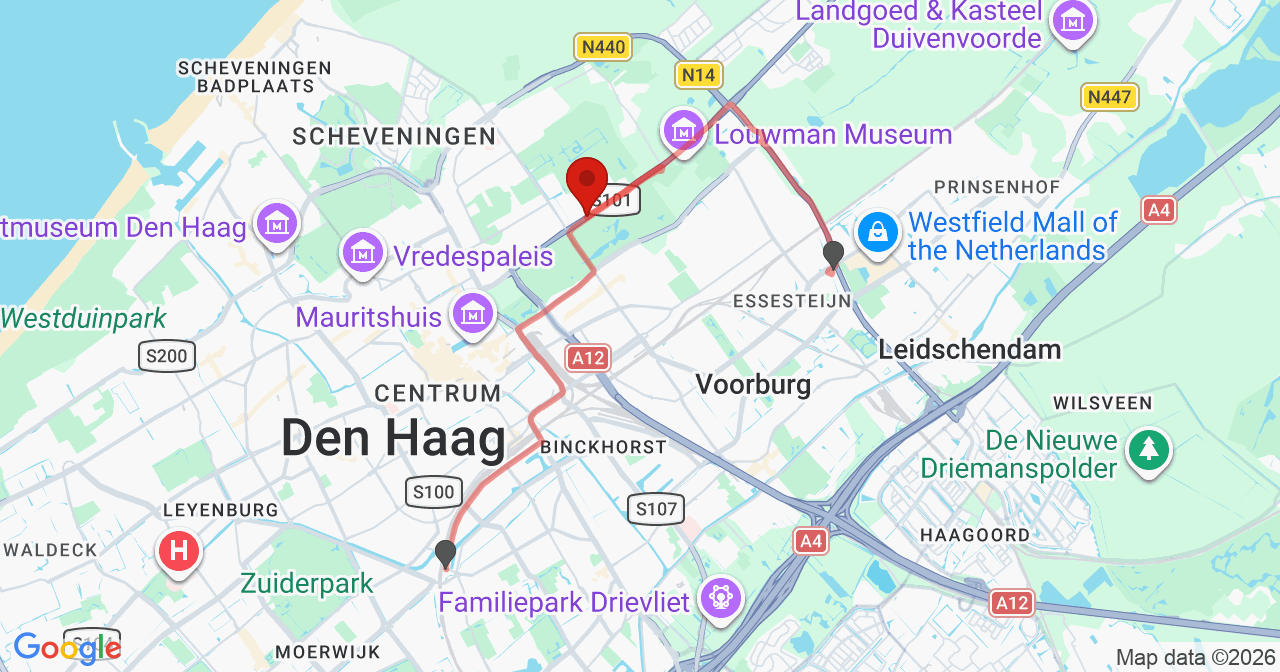 Kaart van het incident in 's-Gravenhage met de aanrijroutes van de gealarmeerde eenheden