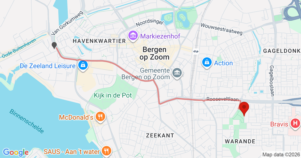 Kaart van het incident in Bergen op Zoom met de aanrijroutes van de gealarmeerde eenheden