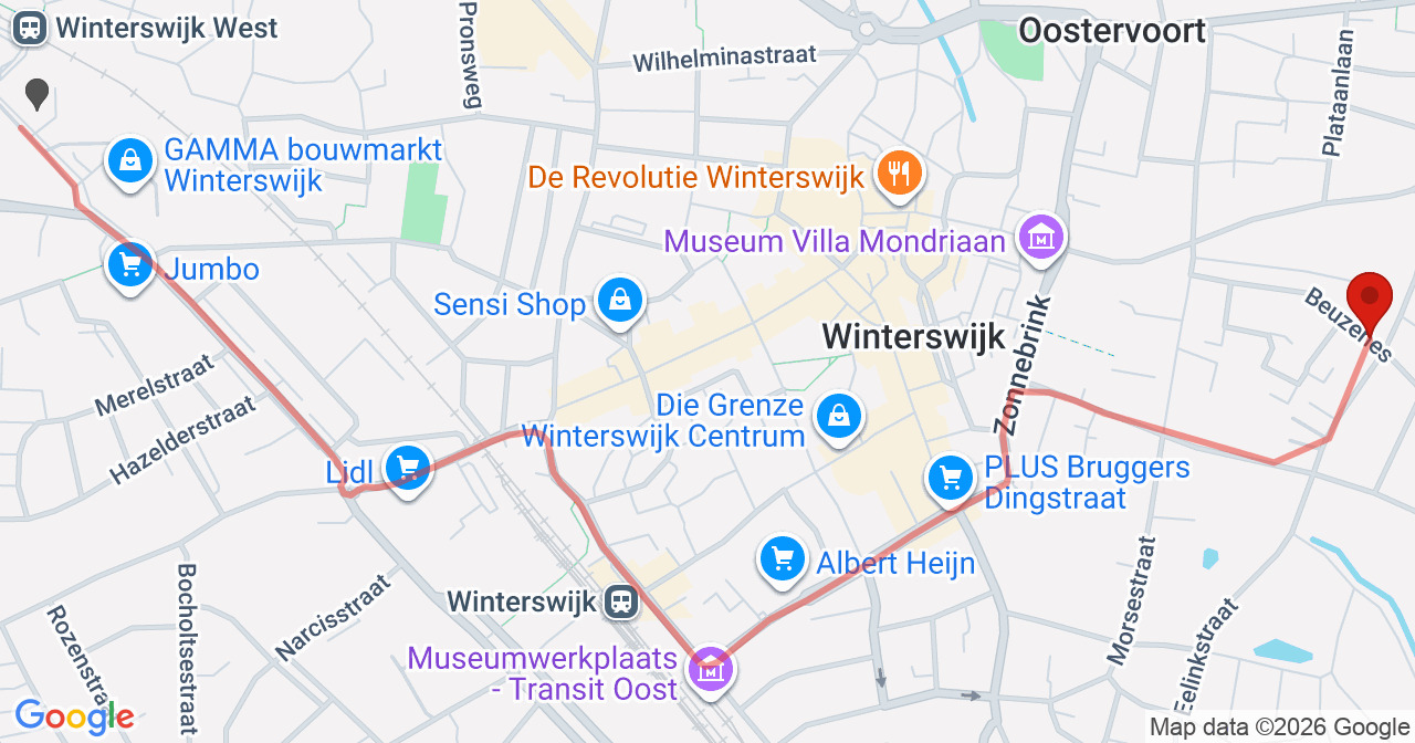 Kaart van het incident in Winterswijk met de aanrijroutes van de gealarmeerde eenheden