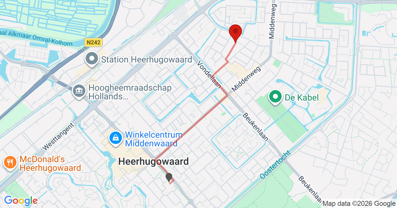 Kaart van het incident in Heerhugowaard met de aanrijroutes van de gealarmeerde eenheden