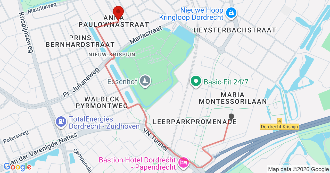 Kaart van het incident in Dordrecht met de aanrijroutes van de gealarmeerde eenheden