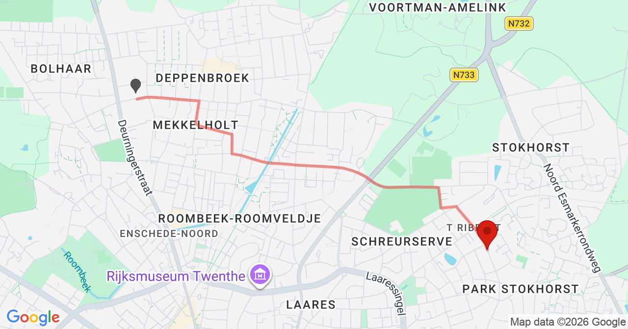 Kaart van het incident in Enschede met de aanrijroutes van de gealarmeerde eenheden