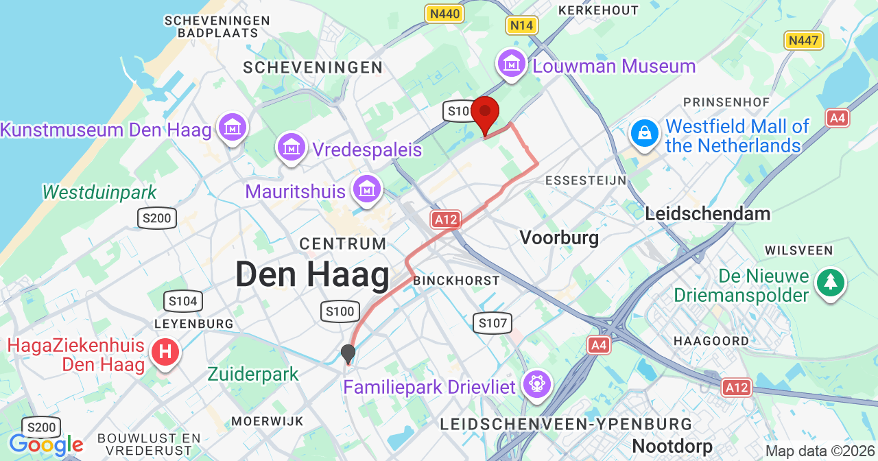 Kaart van het incident in 's-Gravenhage met de aanrijroutes van de gealarmeerde eenheden