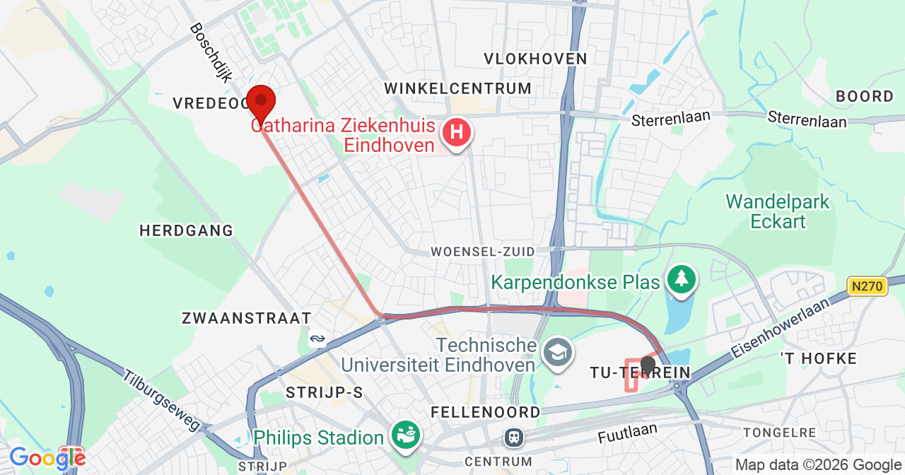 Kaart van het incident in Eindhoven met de aanrijroutes van de gealarmeerde eenheden