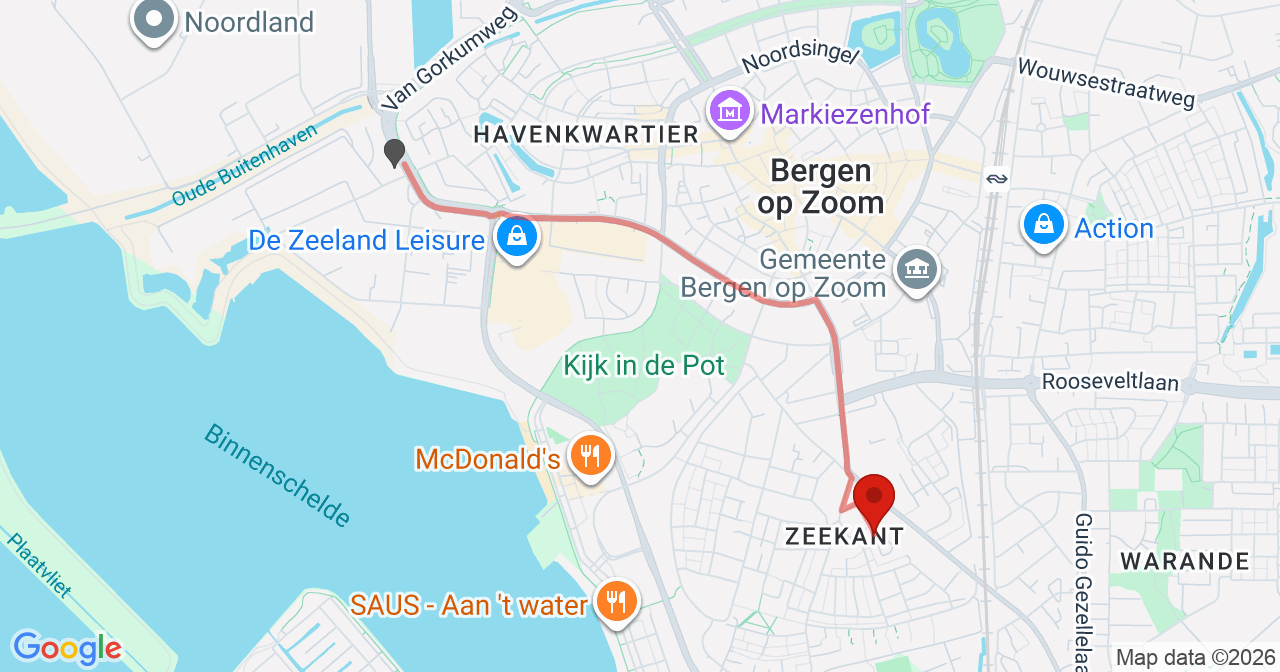Kaart van het incident in Bergen op Zoom met de aanrijroutes van de gealarmeerde eenheden