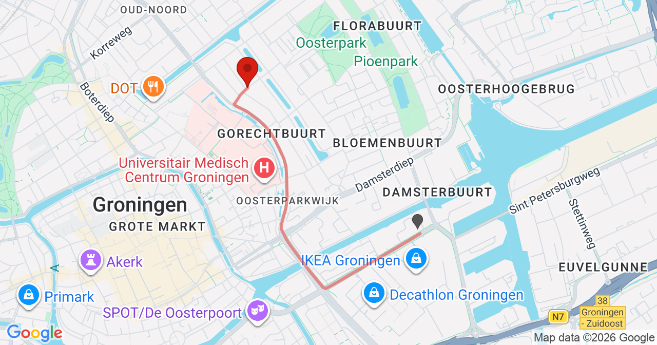Kaart van het incident in Groningen met de aanrijroutes van de gealarmeerde eenheden