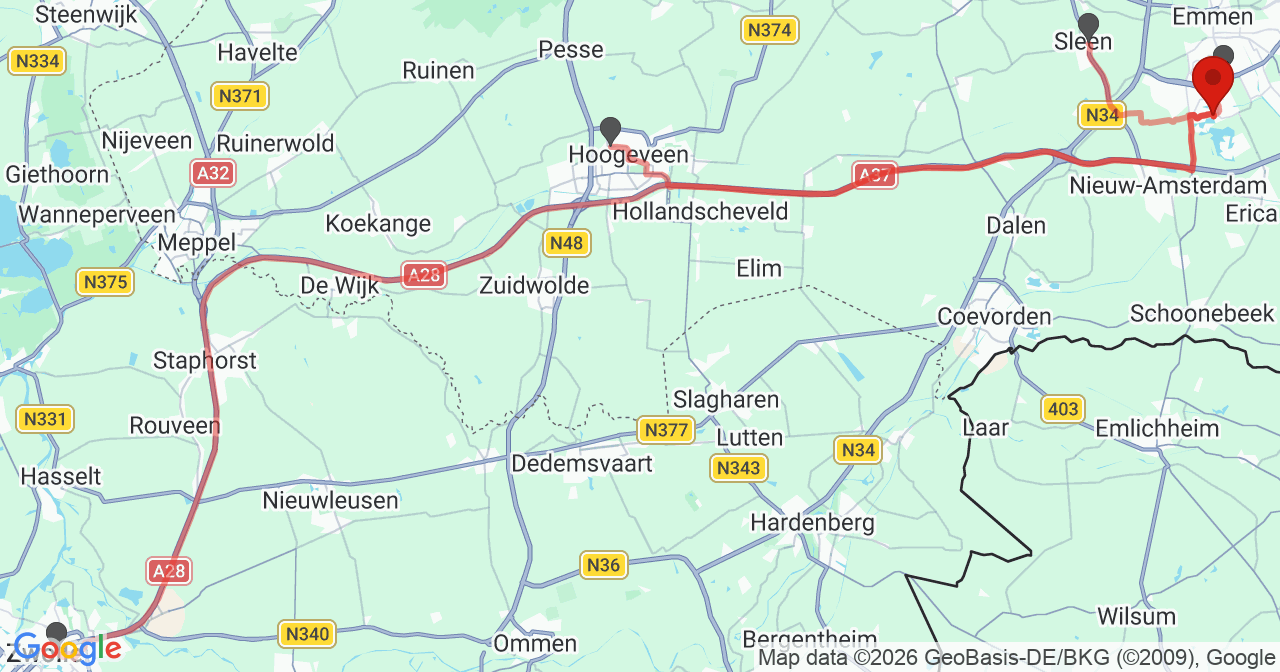 Kaart van het incident in Emmen met de aanrijroutes van de gealarmeerde eenheden