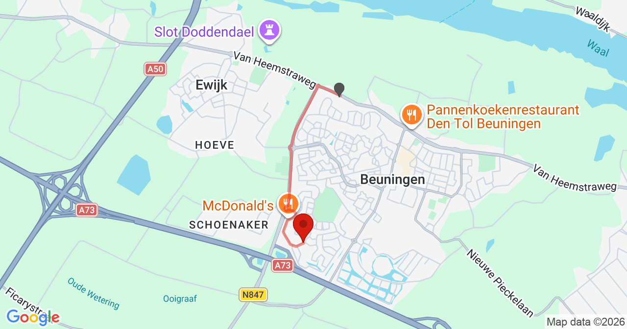 Kaart van het incident in Beuningen Gld met de aanrijroutes van de gealarmeerde eenheden
