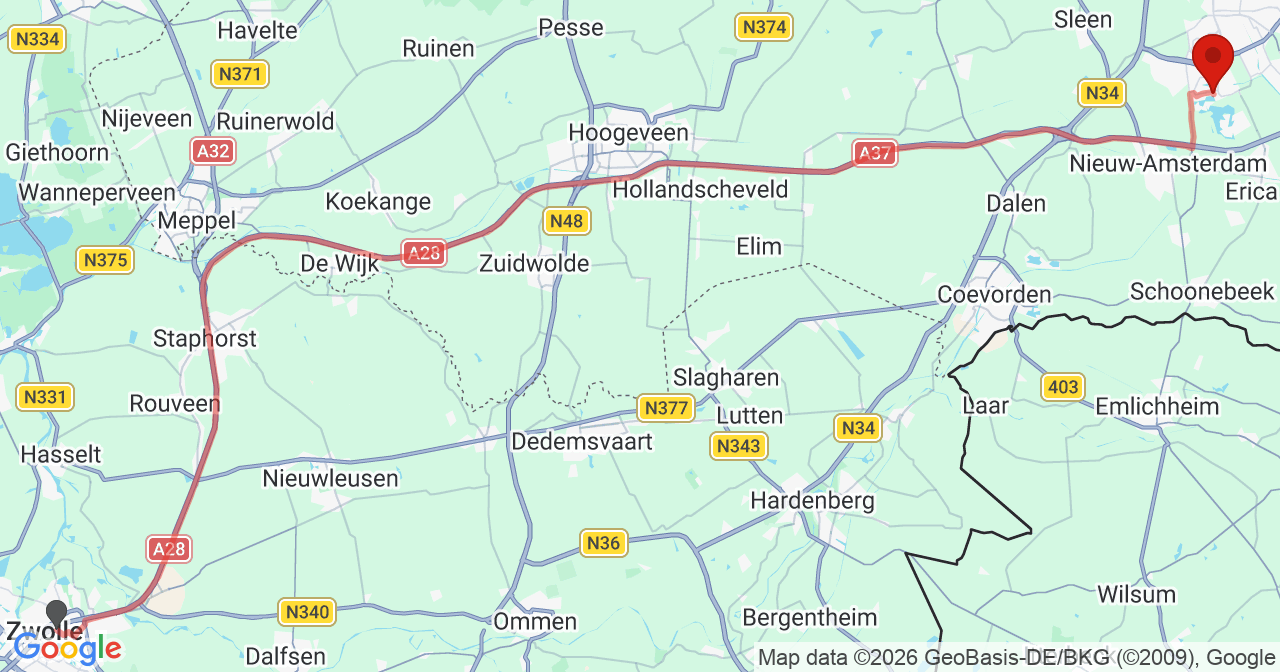 Kaart van het incident in Emmen met de aanrijroutes van de gealarmeerde eenheden
