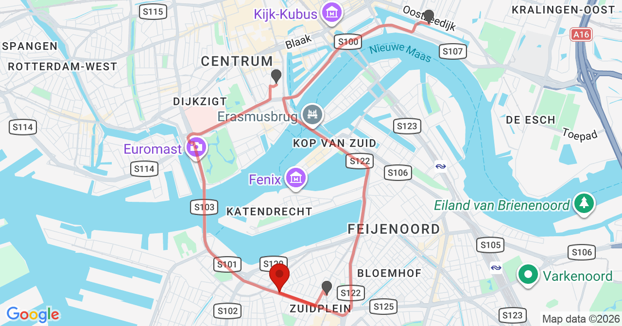 Kaart van het incident in Rotterdam met de aanrijroutes van de gealarmeerde eenheden