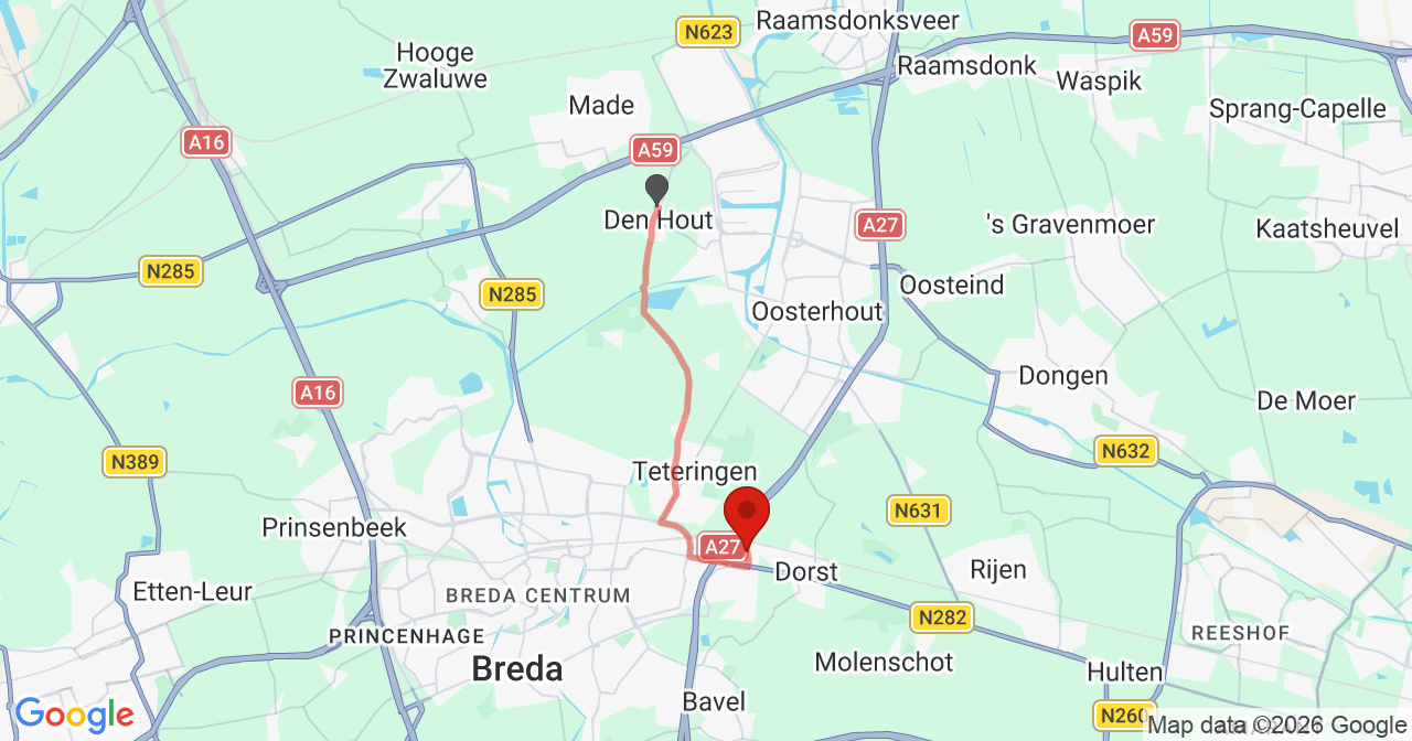 Kaart van het incident in Breda met de aanrijroutes van de gealarmeerde eenheden