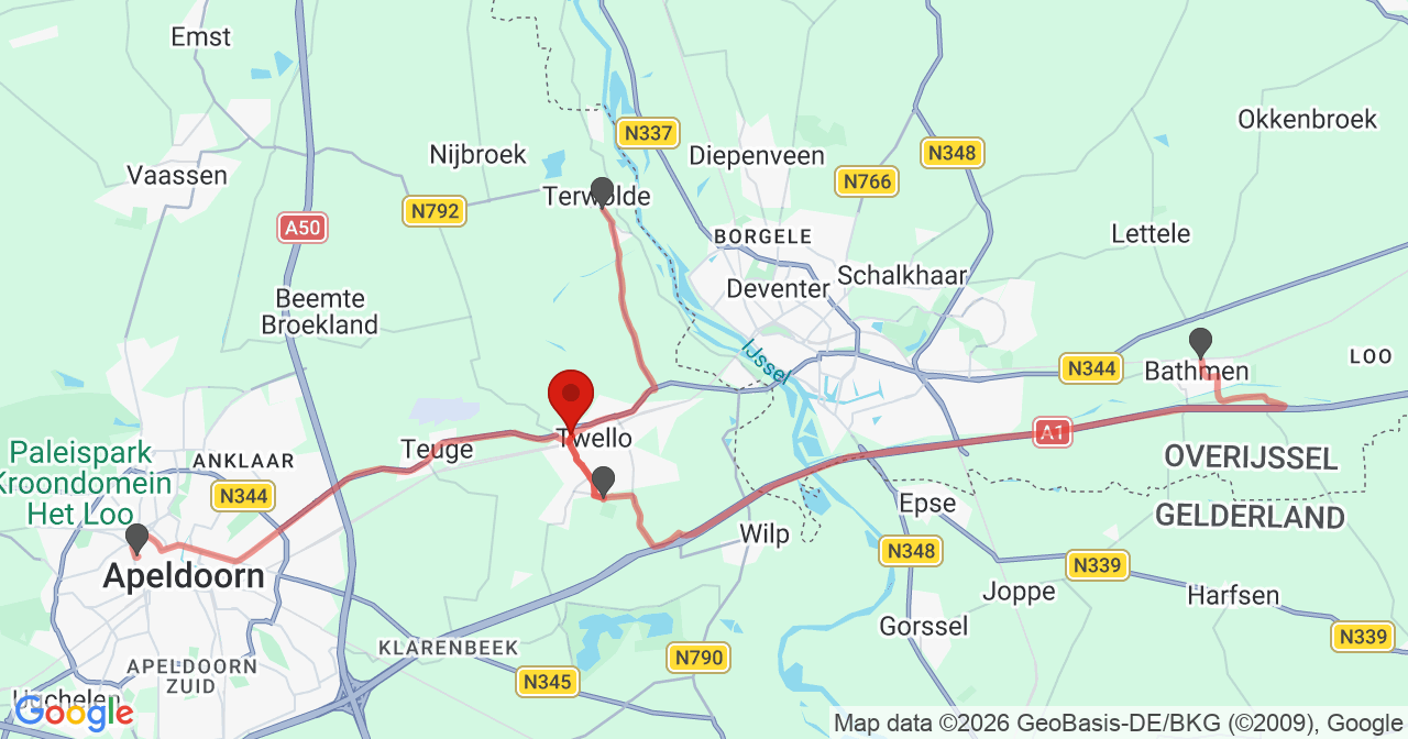 Kaart van het incident in Twello met de aanrijroutes van de gealarmeerde eenheden