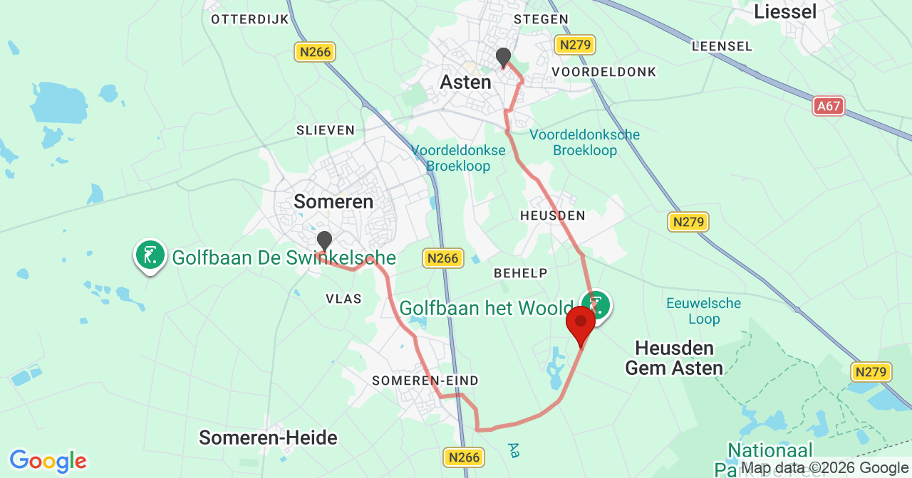 Kaart van het incident in Asten met de aanrijroutes van de gealarmeerde eenheden
