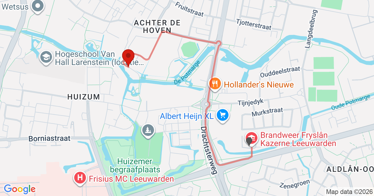 Kaart van het incident in Leeuwarden met de aanrijroutes van de gealarmeerde eenheden