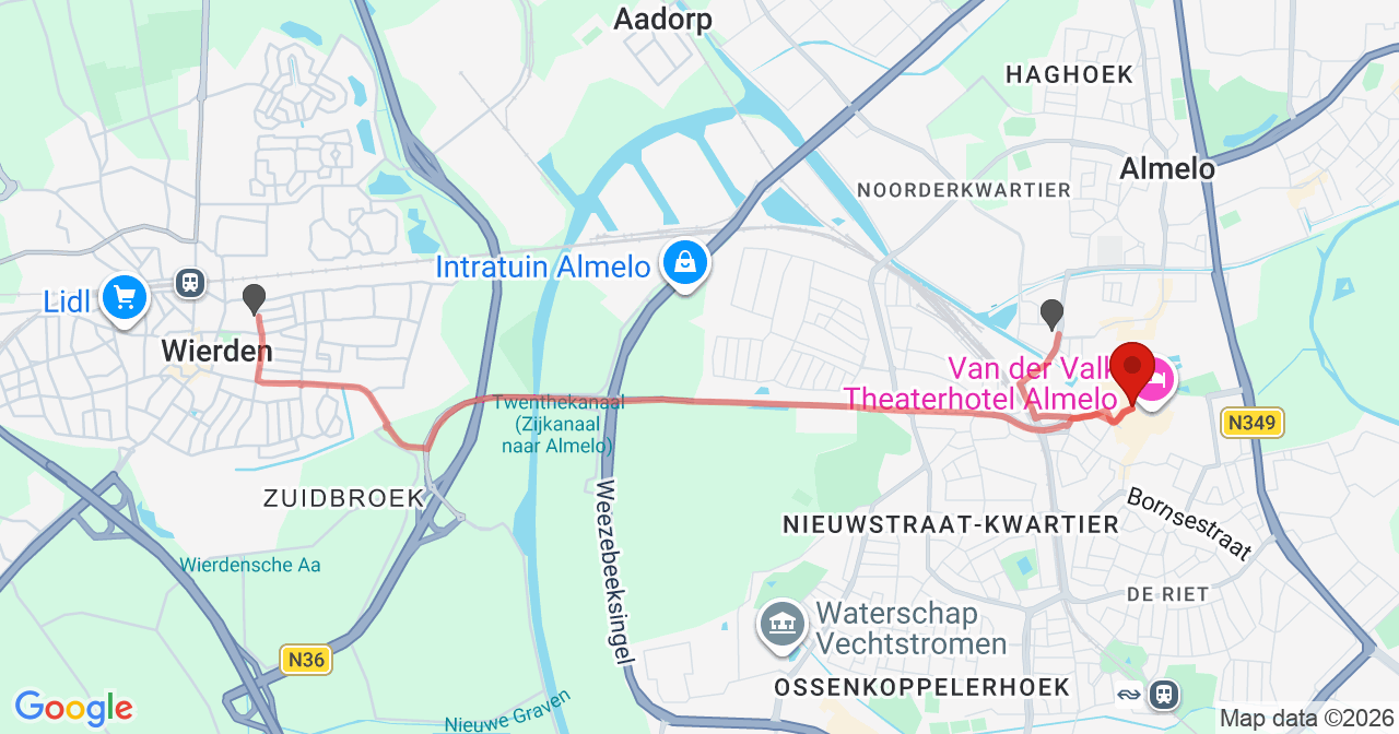 Kaart van het incident in Almelo met de aanrijroutes van de gealarmeerde eenheden