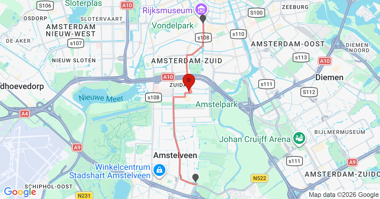 Kaart van het incident in Amsterdam met de aanrijroutes van de gealarmeerde eenheden