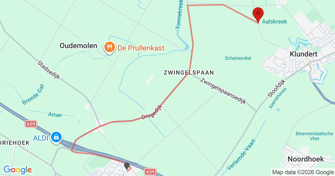 Kaart van het incident in Klundert met de aanrijroutes van de gealarmeerde eenheden