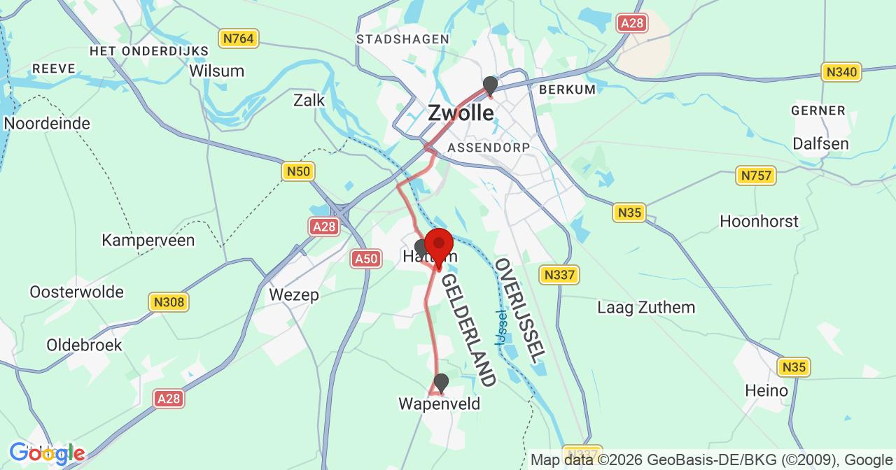 Kaart van het incident in Hattem met de aanrijroutes van de gealarmeerde eenheden