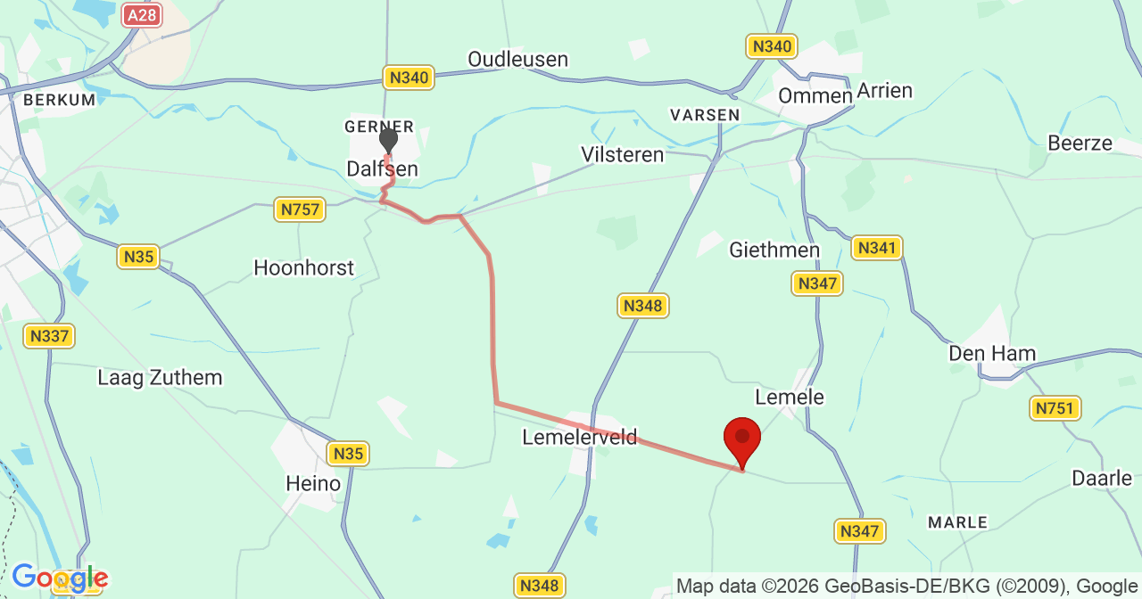 Kaart van het incident in Lemele met de aanrijroutes van de gealarmeerde eenheden