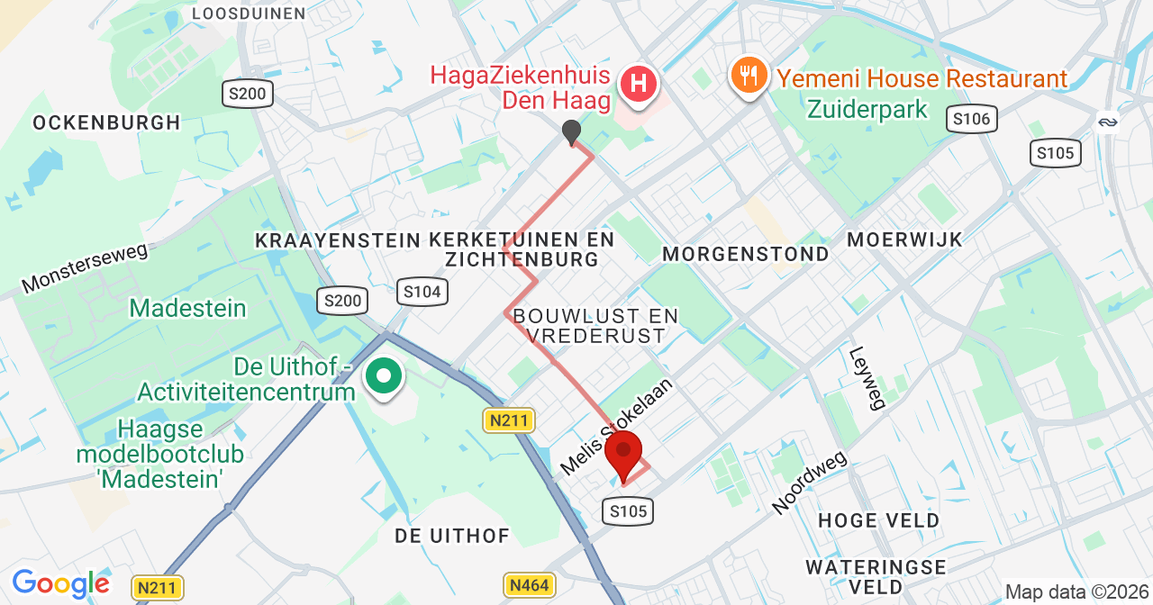 Kaart van het incident in 's-Gravenhage met de aanrijroutes van de gealarmeerde eenheden