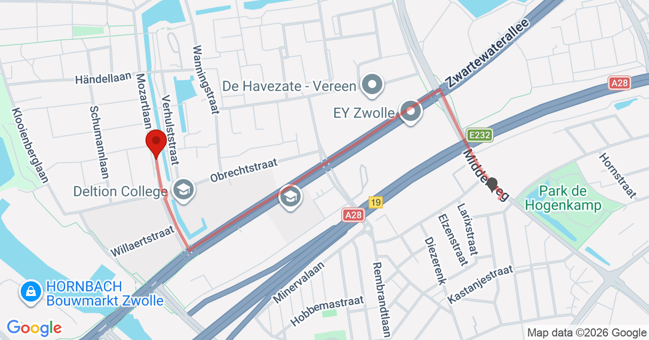 Kaart van het incident in Zwolle met de aanrijroutes van de gealarmeerde eenheden