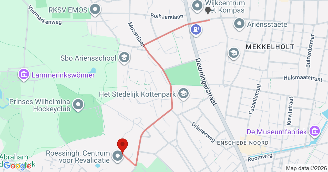 Kaart van het incident in Enschede met de aanrijroutes van de gealarmeerde eenheden