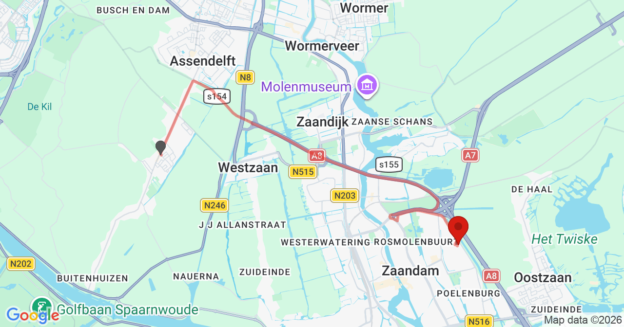Kaart van het incident in Zaandam met de aanrijroutes van de gealarmeerde eenheden