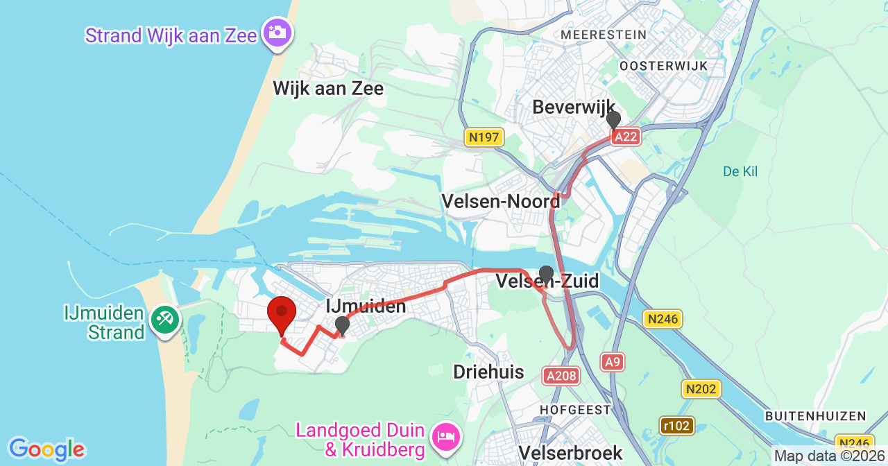 Kaart van het incident in IJmuiden met de aanrijroutes van de gealarmeerde eenheden