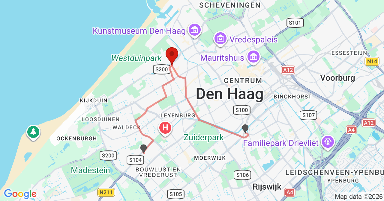 Kaart van het incident in 's-Gravenhage met de aanrijroutes van de gealarmeerde eenheden