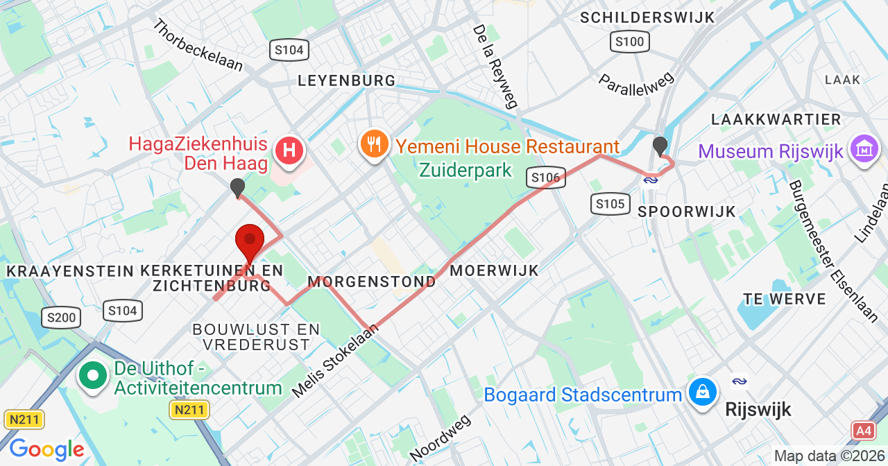 Kaart van het incident in 's-Gravenhage met de aanrijroutes van de gealarmeerde eenheden