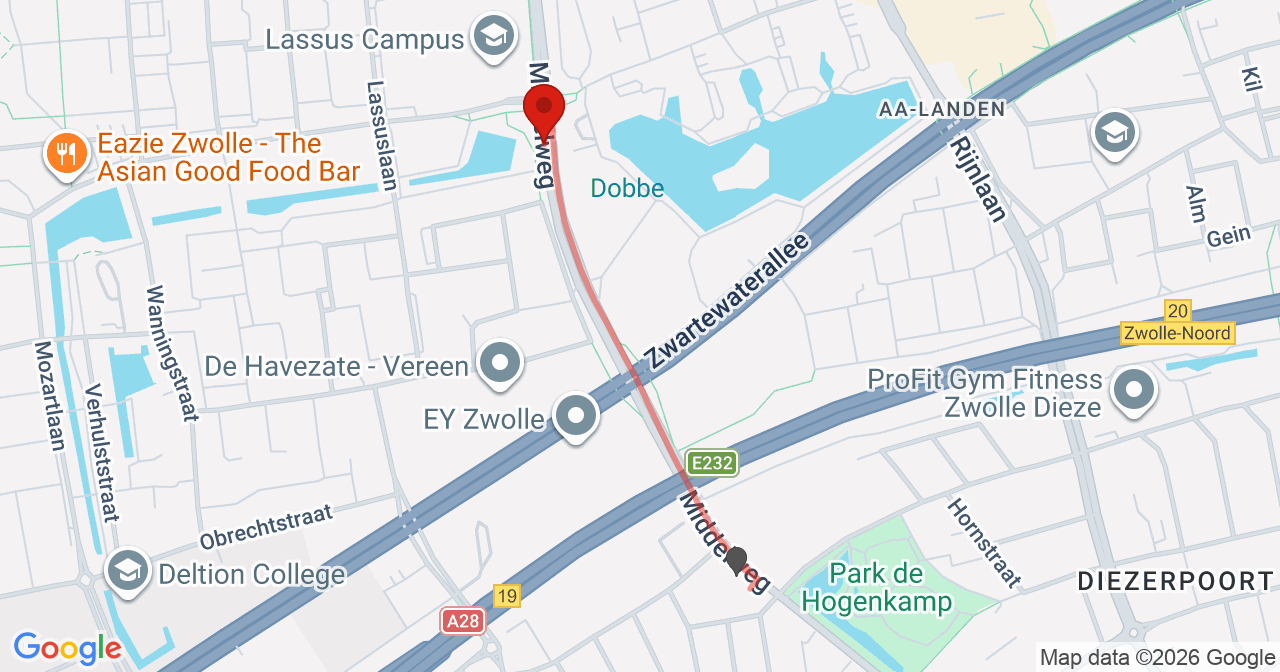 Kaart van het incident in Zwolle met de aanrijroutes van de gealarmeerde eenheden