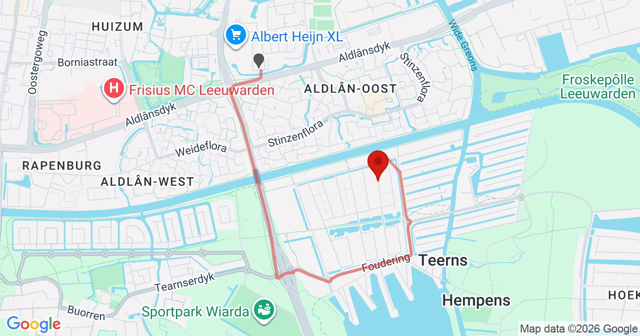 Kaart van het incident in Leeuwarden met de aanrijroutes van de gealarmeerde eenheden