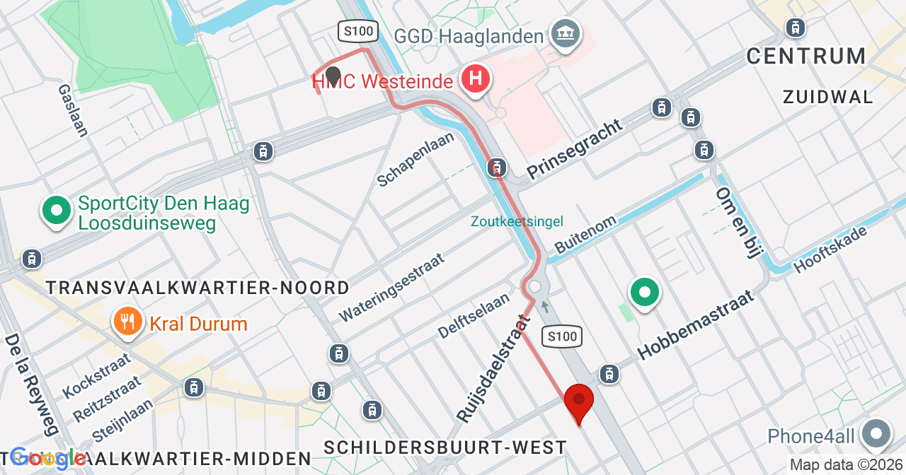 Kaart van het incident in 's-Gravenhage met de aanrijroutes van de gealarmeerde eenheden