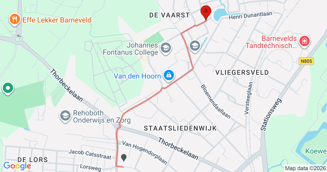 Kaart van het incident in Barneveld met de aanrijroutes van de gealarmeerde eenheden