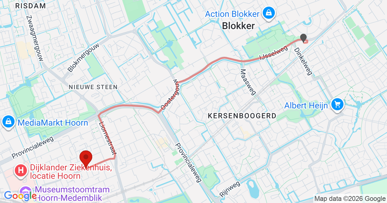 Kaart van het incident in Hoorn NH met de aanrijroutes van de gealarmeerde eenheden