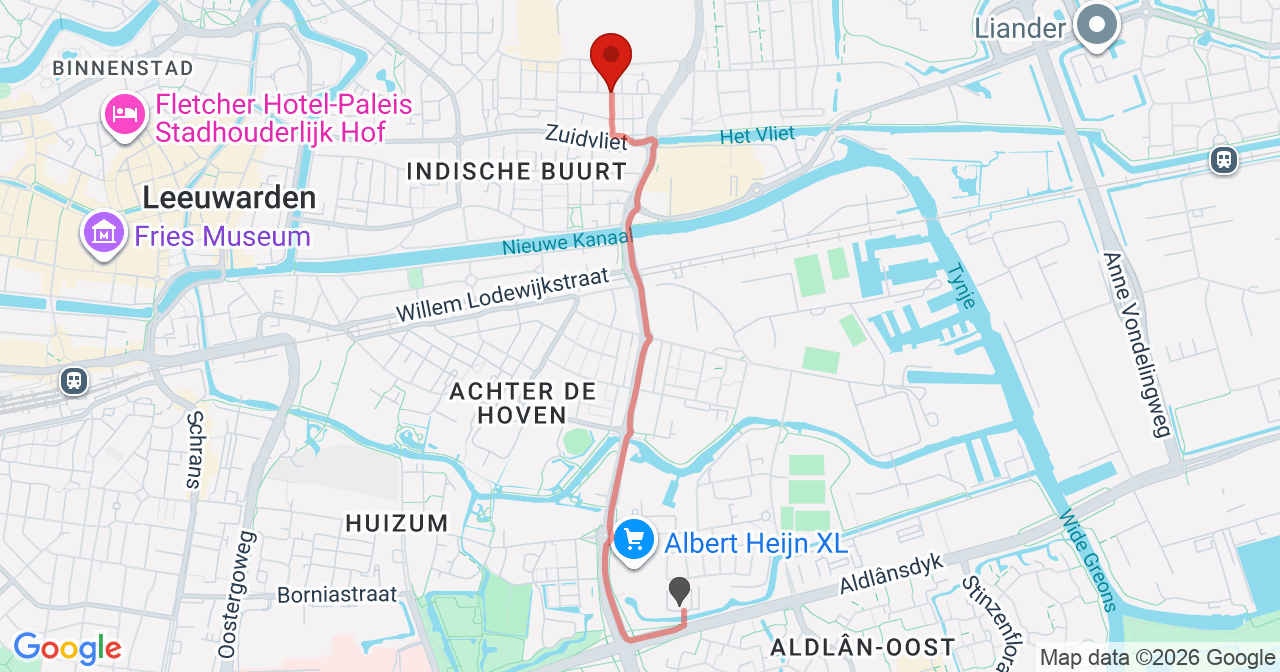 Kaart van het incident in Leeuwarden met de aanrijroutes van de gealarmeerde eenheden